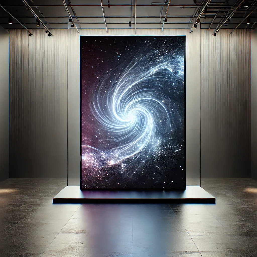 DALL·E 2024-07-17 12.39.11 - An abstract and modern banner featuring a holographic invisible LED screen in a sleek gallery-like setting. The screen displays a holographic image of