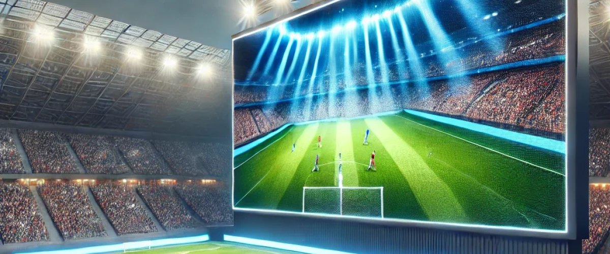 DALL·E 2024-07-30 14.28.05 - An image of an outdoor LED screen at a sports stadium, showcasing live sports events and replays. The screen is massive, providing clear and vibrant i