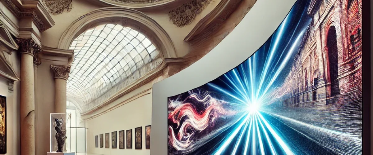 DALL·E 2024-07-30 15.25.10 - An image of a flexible LED screen installed in an art gallery, curving elegantly around architectural features. The screen displays digital art, compl